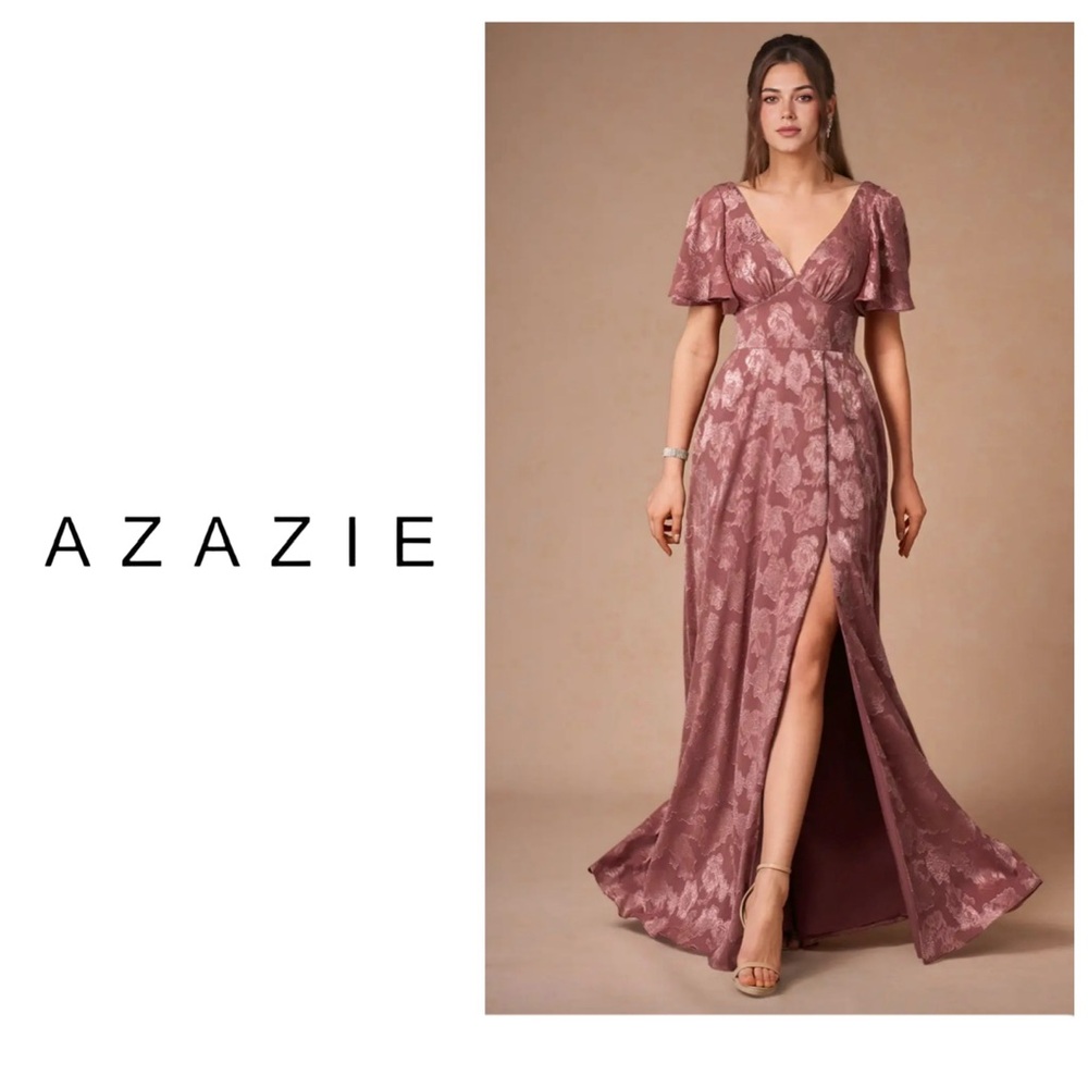 Azazie Mauve Floral Jacquard Maxi Dress with V-Neck
